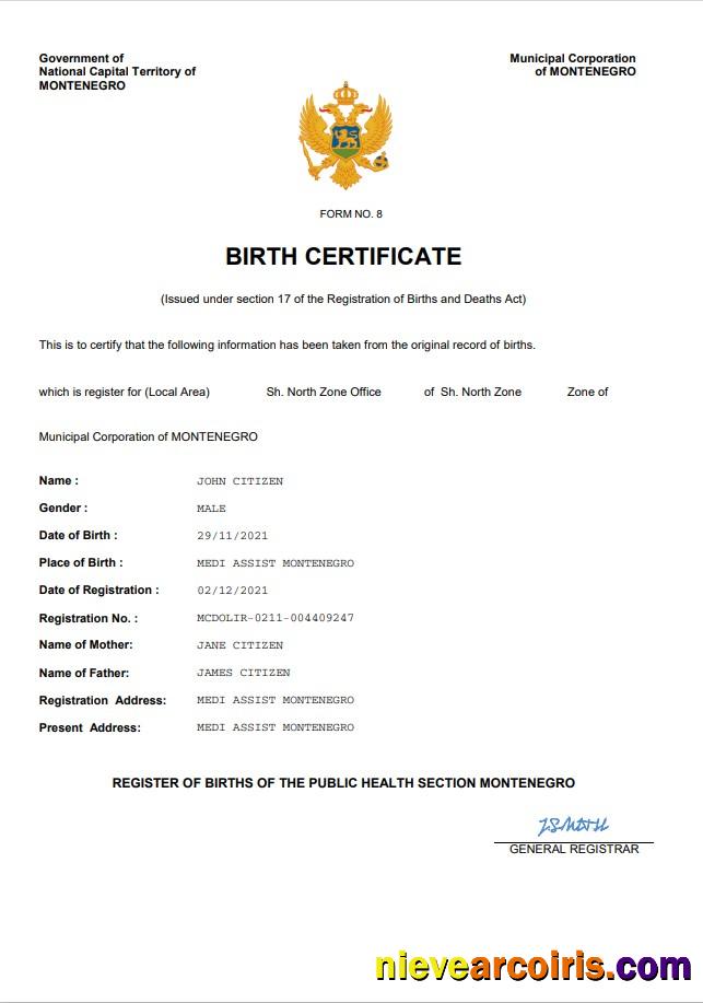 Montenegro birth certificate